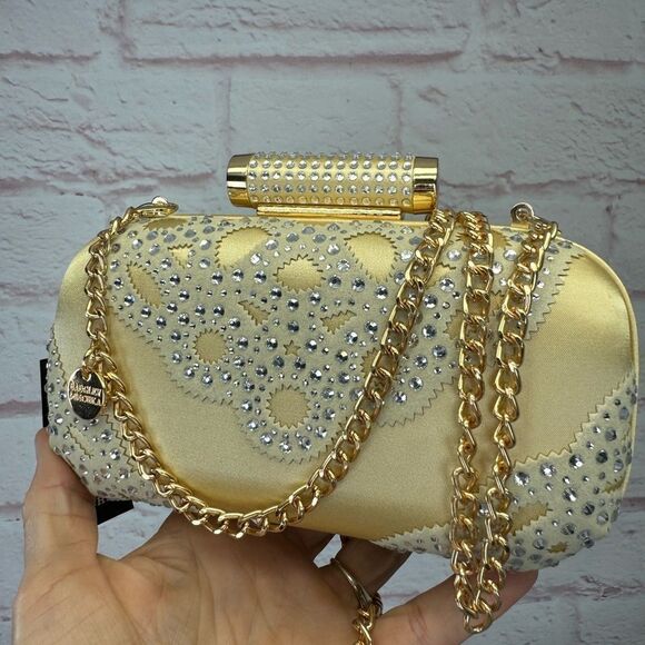 Badgley Mischka Crystal Gold Wrapped Framed Chain Clutch Crossbody NWT - Picture 1 of 12
